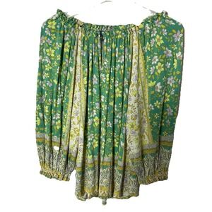Democracy Women Medium Green Yellow Peasant Printed Floral Off Shoulder Blouse‎